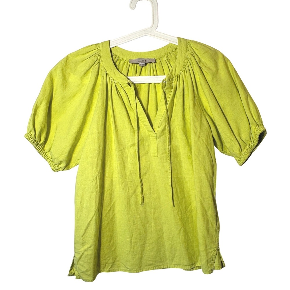 LOFT Lemon Lime Linen Blend Puff Sleeve Blouse Split Neck Tie Top XS